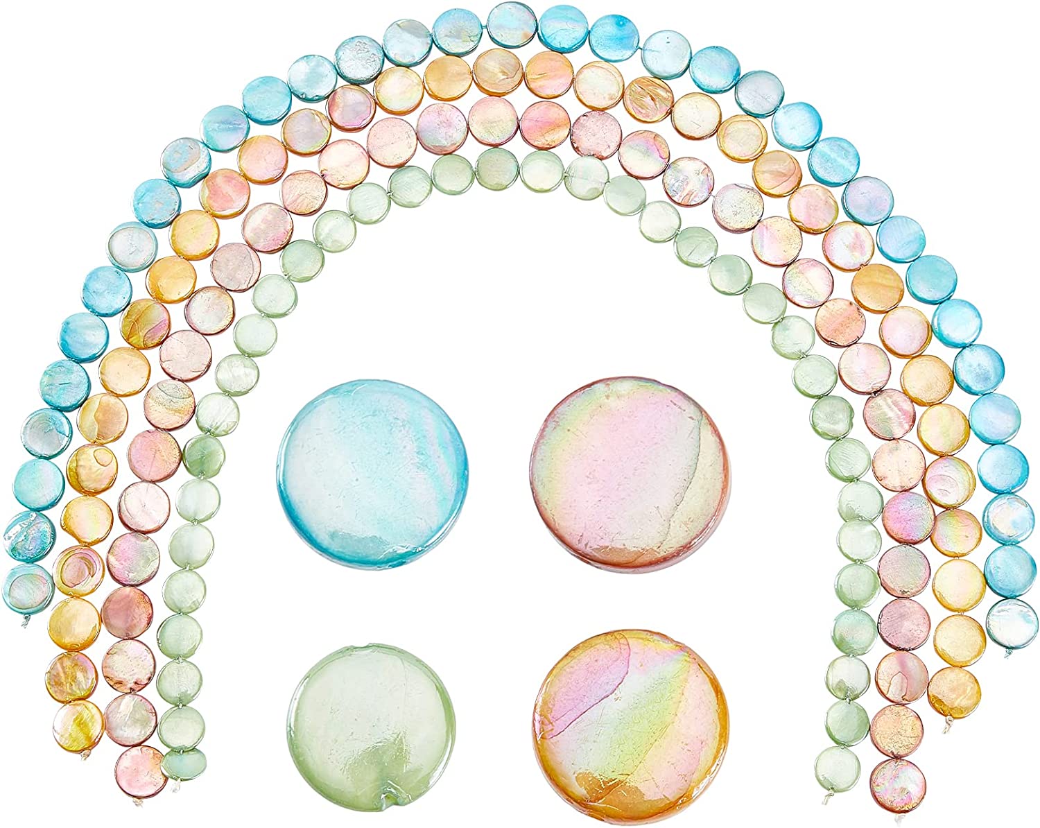 1 Box 136Pcs 4 Colors Flat Round Shell Bead Colorful Natural Freshwater ...