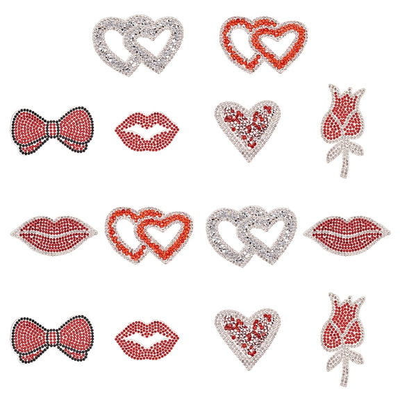 1 Box 14 PCS Valentine's Day Theme Hotfix Rhinestone Appliques Red Series Theme Rhinestone Patches Bowknot/Lip/Rose/Heart Shape Patches for DIY Costume Accessories Sewing Craft Decor