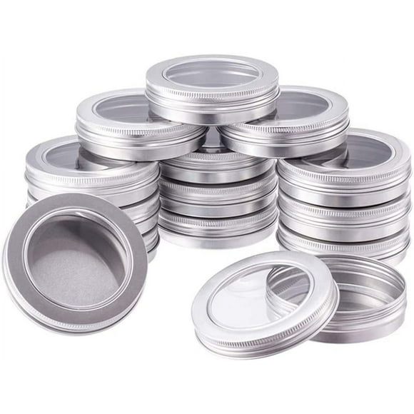 1 Box 14 Pack 3.4 OZ Tin Cans Screw Top Round Aluminum Cans Screw Lid Containers with Clear Window - Great for Store Spices Candies Tea or Gift Giving (Platinum)