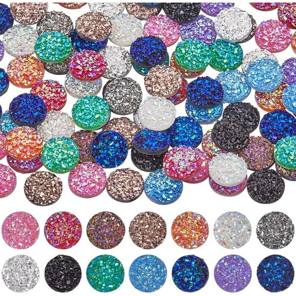 1 Box 140Pcs 14 Colors Druzy Cabochon 10mm Cabochons Round Resin Colorful Flatback Dome Gems Faux Druzy Flat Back Glitter Cabochons DIY Crafts