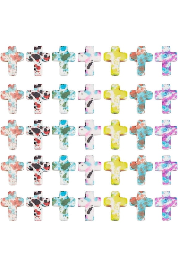 1 Box 140Pcs 7 Styles Crosses Beads Turquoise Gemstone Beads Small Colorful Stone Rosary Crucifix Shape Beads for Bracelets Making Beading Keychain Necklaces Supplies Women for DIY