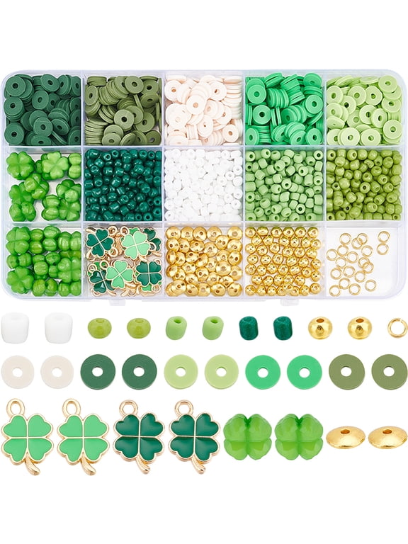 1 Box 1420Pcs St Patrick Day Craft Beads Kit Flat Round Green Polymer Clay Heishi Disc Beads Opaque Glass Shamrock Charm Enamel