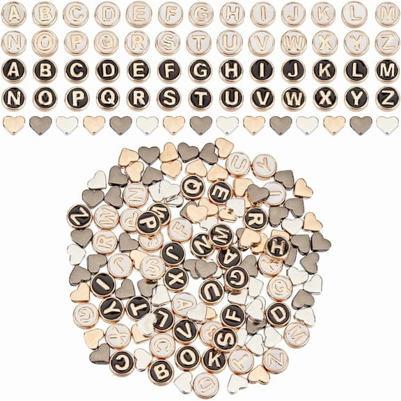 1 Box 142Pcs Metal Heart Beads Gold Letter Bead Bulk Alloy Silver 4x8mm Initial Alphabet A-Z Flat Round Spacer Charms for DIY Making