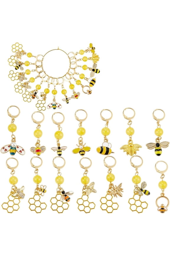 1 Box 14Pcs 14 Styles Bee Stitch Markers Crochet Charms Bulk Big Enamel Alloy Yellow Gold Bees Beehives Insects Locking Wire Marker Charm for Weaving Sewing Knitting Accessorie DIY Craft