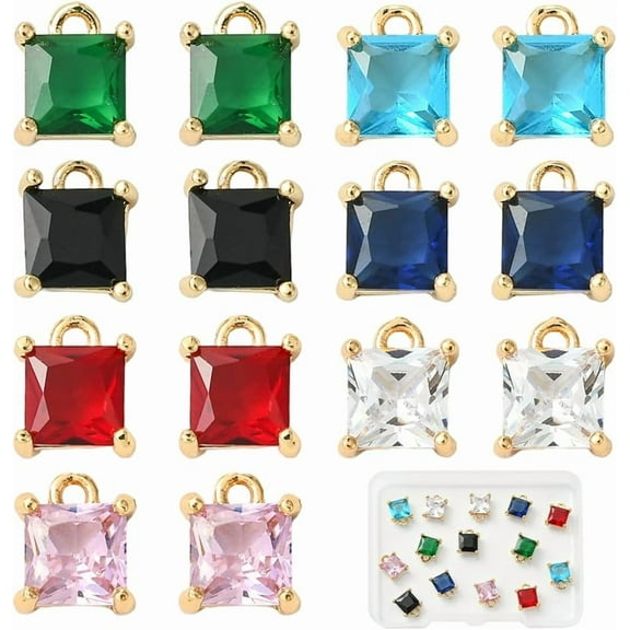 1 Box 14Pcs 7 Colors Birthstone Charms Gold Square Charms Bulk Brass Micro Pave Tiny Rhinestone Cubic Zirconia Pendants