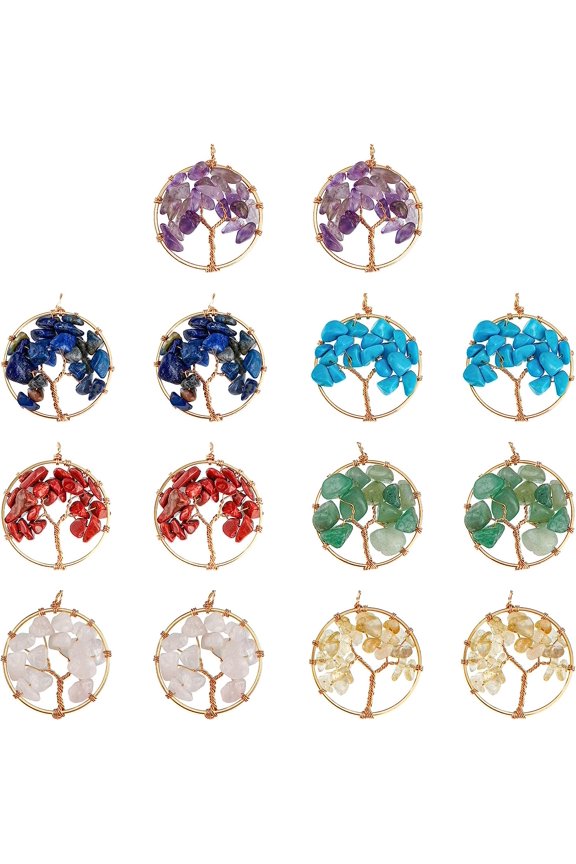 1 Box 14Pcs 7 Styles Tree of Life Gemstones Pendant Flat Round Tree Charm Crystals Gemstones Copper Wire Wrapped Charms Life of Tree Pendant Charms for Jewelry Making Hole: 3.2~3.5mm