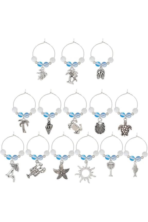 1 Box 14Pcs Drink Charms Bulk Wine Marker Charms Wine Glass Identifier Sea Summer Ocean Hawaii Glass Ball Charms Wine Identifiers for Gathering Wedding Gift Party Favor Drinks Decor Supplies for DIY
