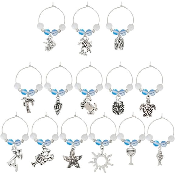 1 Box 14Pcs Drink Charms Bulk Wine Marker Charms Wine Glass Identifier Sea Summer Ocean Hawaii Glass Ball Charms