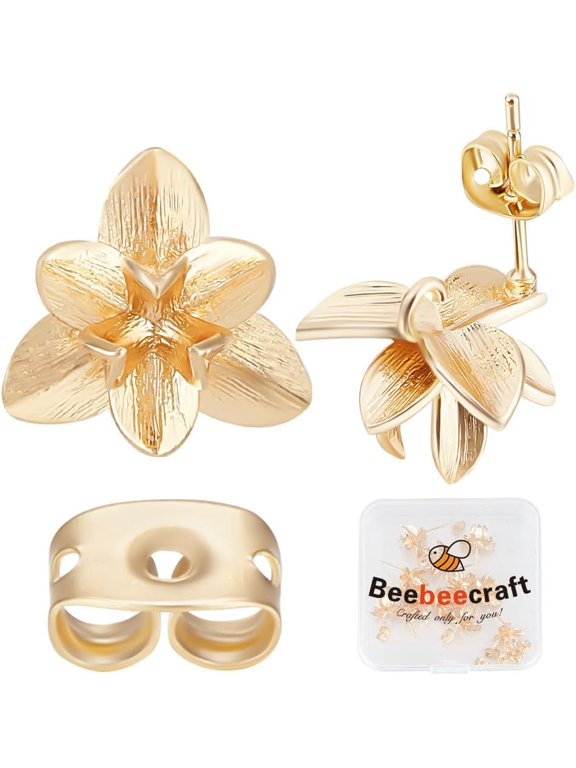 1 Box 14Pcs Flower Stud Earring Findings 18K Gold Plated Three-Dimensional Flower Earring Posts with Loop and Backs for DIY