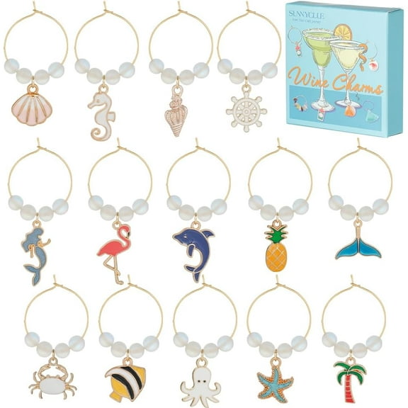 1 Box 14Pcs Glass Markers Bulk Glass Identifiers Wine Markers Charms Stafish Shells Suummer Ocean Hawaii Wine Identifiers for Gathering Wedding Gifts Party Favor Drinks Decor Supplies DIY