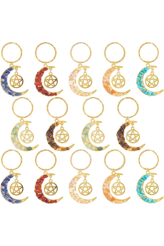 1 Box 14Pcs Keychains Bulk Star and Moon Key Chains Set Turquoise Red Jasper Gemstone Chips Hanging Charms for Handbags Party Wedding Favors DIY Purse Supplies Women Adults Colorful