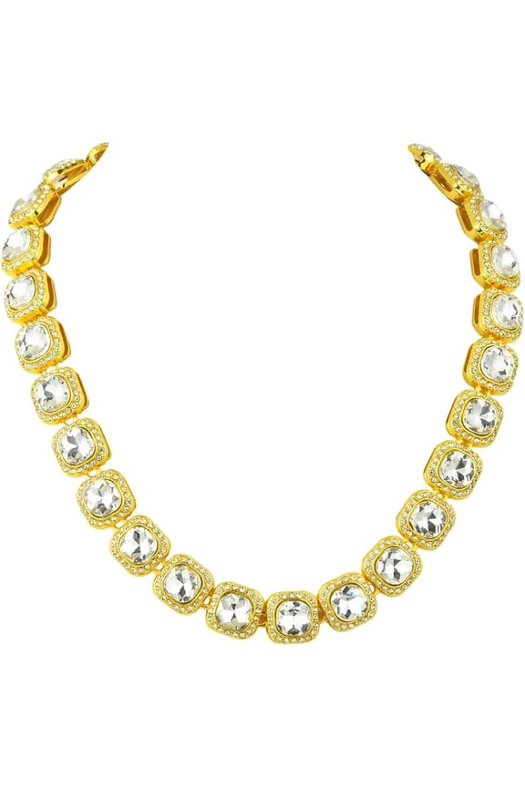 1 Box 15.75 Inch/40cm Gold Tennis Necklace Rhinestone Tennis Chain Cuban Square Clear Glass Diamond Cubic Zircon Alloy Iced Out Layered Necklace for Party Prom Gifts Costumes DIY Decoration