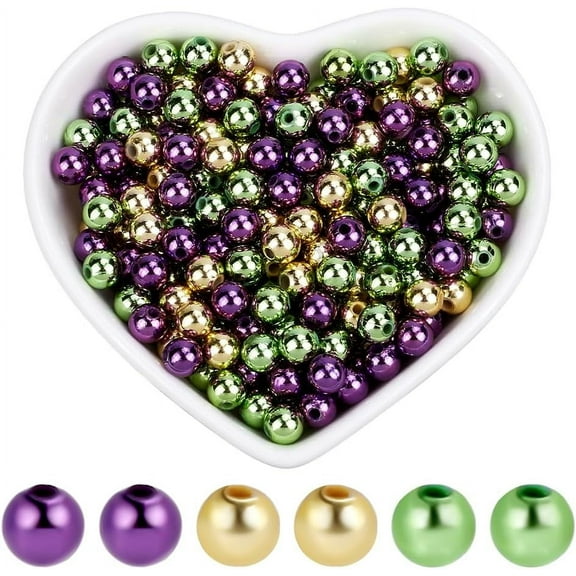 1 Box 1500Pcs 3 Styles Carnival Beads Mardi Gras Beads Bulk Purple Green Gold Plastic Metallic Ball Loose Masquerade Parties Round Spacer Beads for DIY Jewelry Making Necklace Bracelet Crafts