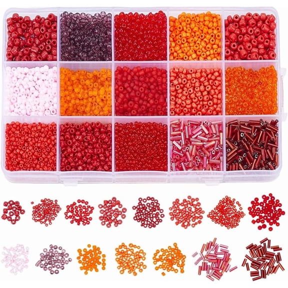 1 Box 150G 15 Styles Assorted Red Glass Beads with Round Holes Seed Bugle Round Tube Shape Mixed Sizes Spacer Loose Small Bead Bulk