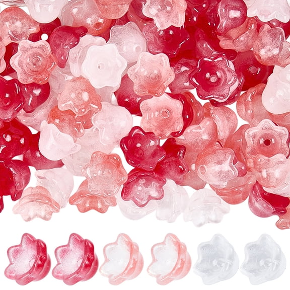 1 Box 150PCS Red White Bellflower Flower Glass Bead Caps with Holes Lily Floral Gradient Two Tone Transparent Clear Spacer Loose BeadDIY