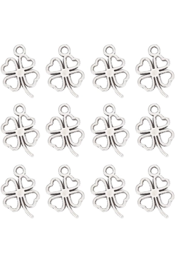 1 Box 150Pcs St Patrick Day Charms Tibetan Style Silver Four Leaf Clover Charms Hollow Double Sided 4-Leaf Irish Shamrock Lucky Leaves Charm