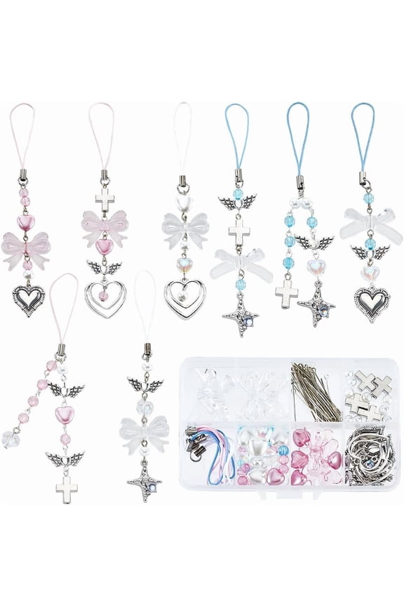 1 Box 154Pcs DIY 8 Sets Phone Charm Making Kit Cute Bowknot Knot Wing Heart Beads Phone Charms Phone Keychain Charm Cell Phone Charm for Women Adult Keychains Phone Case Bag Camera Decor Mixed Color