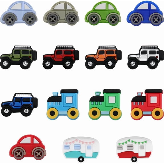 1 Box 15PCS Car Silicone Beads Cute Focal Rubber Beads Large 3D Cartoon Bus Rubber Soft Charms Center Drilled Chunky Loose Spacer Beads for DIY handcrafting