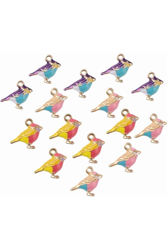 1 Box 15Pcs 3 Colors Bird Charms Sparrow Shape 3D Animal Alloy Enamel Dangle Lucky Pendants Gold Plated