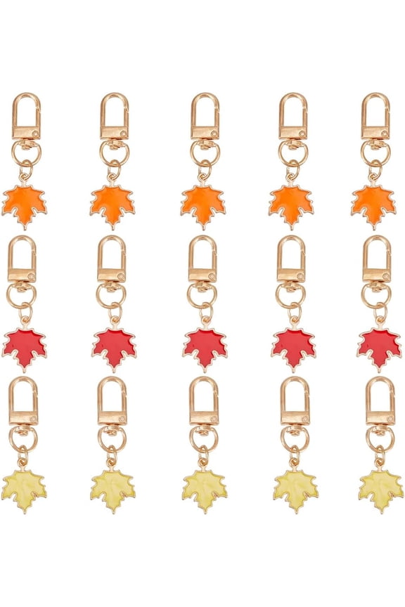 1 Box 15Pcs 3 Colors Maple Leaf Keychain Alloy Enamel Fall Autumn Leaf Charm Key Chain with Swivel Clasp Keyring Pendant Hanging Keychains for Car Key Backpack Wallet Purse Accessories for diy making