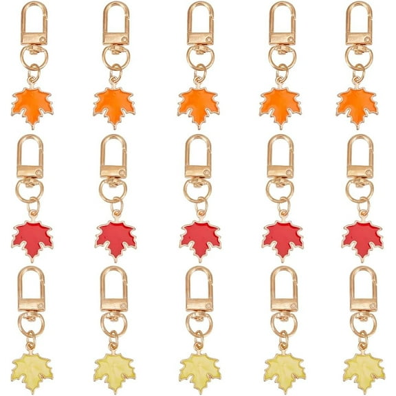 1 Box 15Pcs 3 Colors Maple Leaf Keychain Alloy Enamel Gold Fall Autumn Leaf Charm Key Chain with Swivel Clasp Keyring Pendant Hanging Keychains for Car Key Backpack Wallet Purse Accessories for DIY