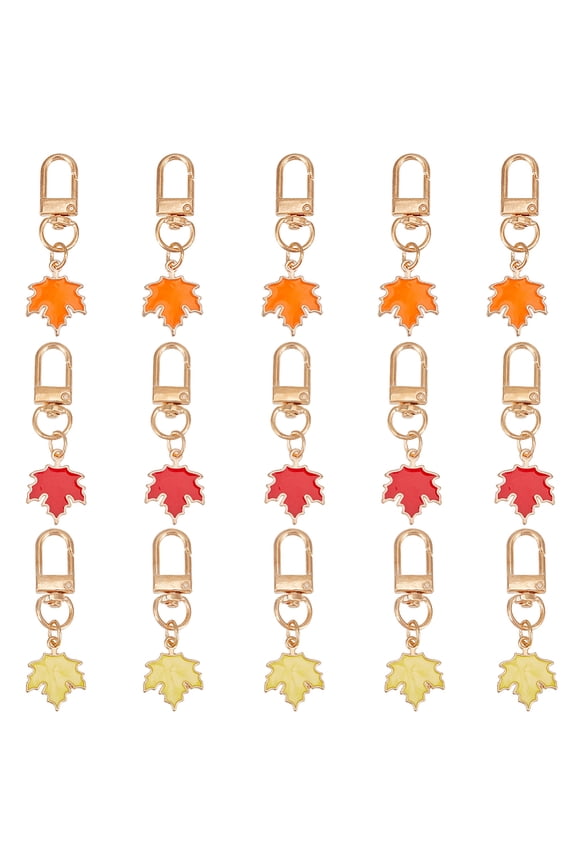 1 Box 15Pcs 3 Colors Maple Leaf Keychain Alloy Enamel Gold Fall Autumn Leaf Charm Key Chain with Swivel Clasp Keyring Pendant Hanging Keychains