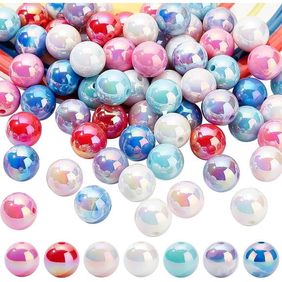 1 Box 15mm Acrylic Beads 70pcs UV Plating Opaque Beads 7 Styles Rainbow Iridescent Loose Beads Colorful Bubblegum Beads for Jewelry Bracelet Necklace Pen Bag Chain Making Crafts Supplies