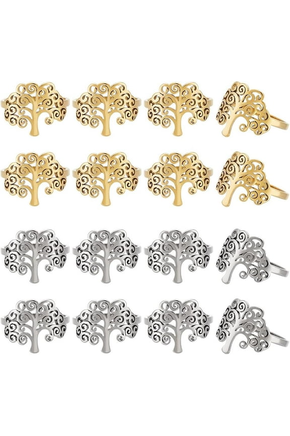 1 Box 16 Pcs Tree of Life Ring 201 Stainless Steel Tree of Life Finger Ring for Women Golden Jewelry Rings for Valentine Anniversary Christmas Jewelry Making(0.65inch inner diameter)