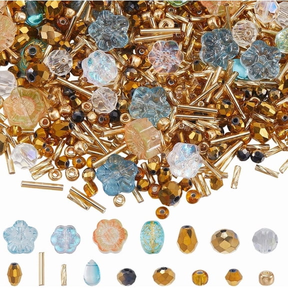 1 Box 16 Styles 270Pcs+ Czech Glass Beads Kit Bicone Beads Bulk Bohemia Rainbow Mix Rocailles Flower Teardrop Matte Glossy Glass Spacers Set for Jewelry Making Bracelets Necklace DIY Mixed Color