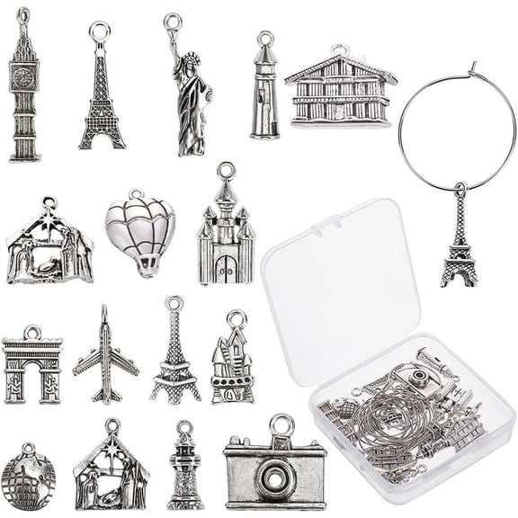 1 Box 16 Styles Tourist Theme Wine Glass Identifiers Charms Drink Markers Tags Tibetan Style Alloy Pendants Stainless Steel Hoop DIY
