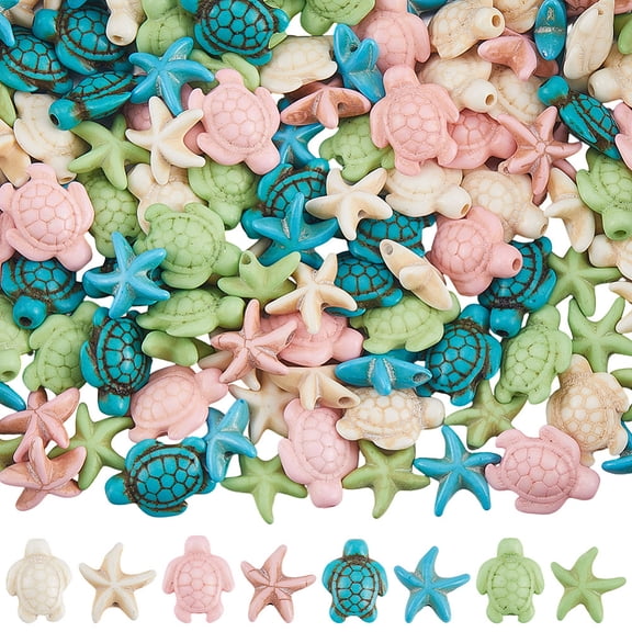 1 Box 160Pcs 8 Styles Turquoise Animal Beads Turtle and Starfish Beads Bulk Tortoise Summer Hawaii Ocean Sea Dyed Colorful Beach Gemstone Loose