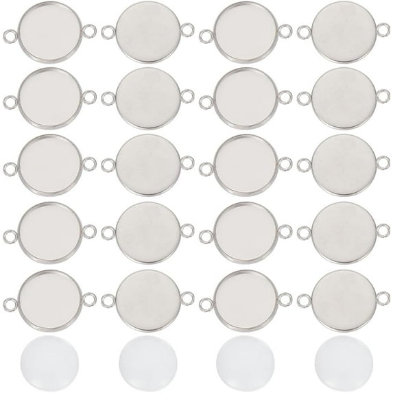 1 Box 160Pcs Bezel Connectors Bezel Connector Trays Stainless Steel Bezel Trays 14mm Round Cabochon Connectors Double Holes Cabochon Setting Tray for Bouquet Wedding Graduation Photo charm