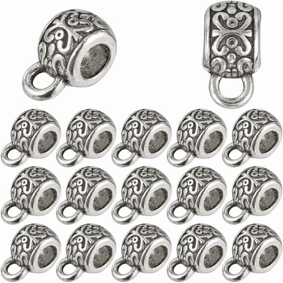 1 Box 160Pcs Round Bail Beads Silver Bail Tube Beads Bulk Alloy Small Tibetan Style Textured Spacers Bead Hanger Bail Bead Connectors