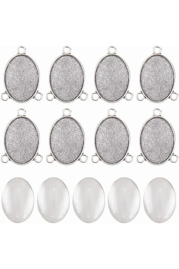 1 Box 16Pcs 3 Hole Connector Charms Silver Oval Charm Bulk Metal Alloy Basic Blank Bezel Linking Tray Pendants Kits with Glass Cabochons