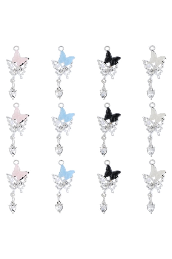 1 Box 16Pcs 4 Colors Alloy Butterfly Charms Insect Charm Resin Pearl Heart Silver Butterflies Pendants