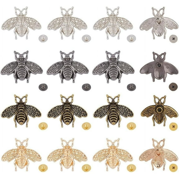 1 Box 16Pcs 4 Colors Alloy Decorative Buckle Bee Rivet Button Retro Conchos Button Bee Metal Buckles Bag Decorative Clasps Animal Carving Buckle with Screws Back for DIY Craft Leather Purse