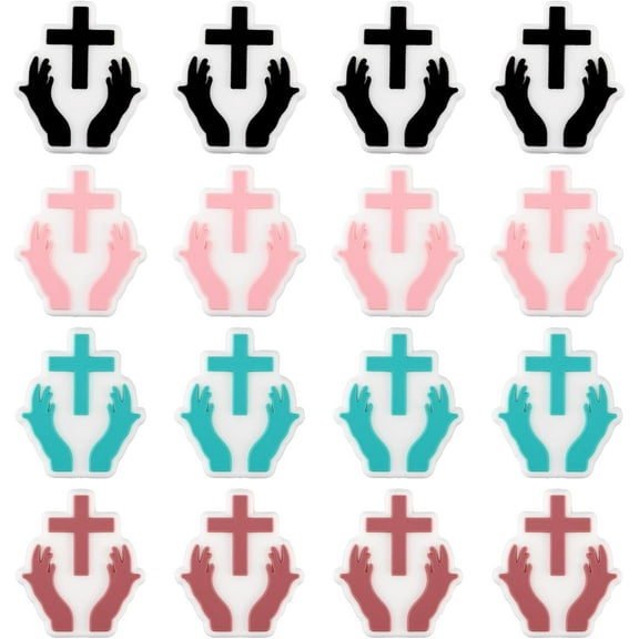 1 Box 16Pcs 4 Colors Silicone Focal Beads 24.5mm Hand with Cross Silicone Beads Handmade DIY Accessory Supplies for Jewelry Making Bracelets DIY Nursing Necklaces Chain Pen Beads