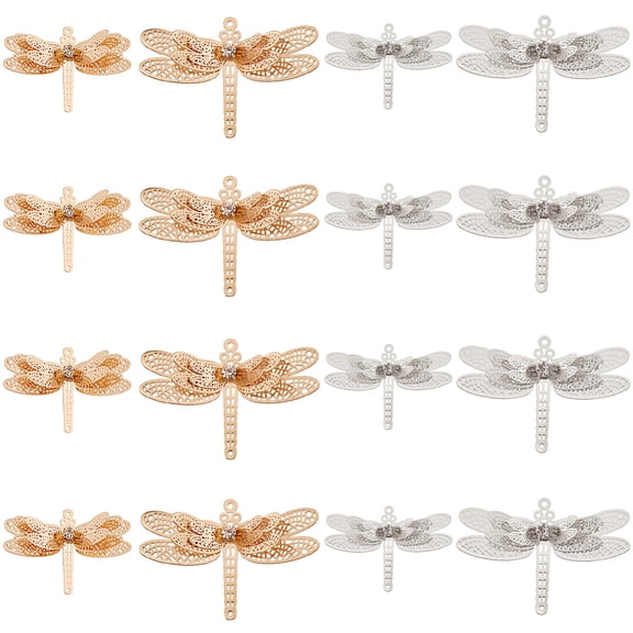 1 Box 16Pcs 4 Style Brass Filigree Joiners Links Sets with Crystal Rhinestone Dragonfly Mixed Color 24.5~34x36~51x6~8.5mm Hole: 1~1.5mm 4pcs/style