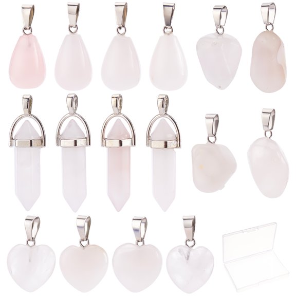 1 Box 16Pcs 4 Styles Natural Rose Quartz Pendants Heart Teardrop Gemstone Charms with Stainless Steel Snap for DIY Necklace Jewellery Making