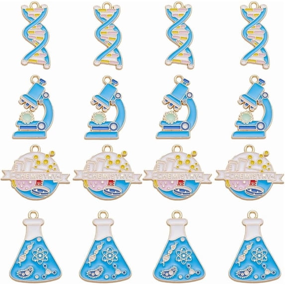1 Box 16Pcs 4 Styles Science Charm Chemistry Charms Bulk Blue Metal Alloy Enamel Plated Cartoon Scientist School Study Laboratory Tube Cup Charm