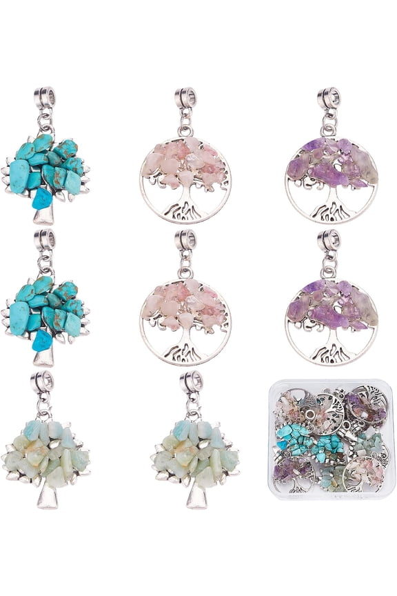 1 Box 16Pcs 4 Styles Tree of Life Charm Silver Flat Round Plant Tree Charms Bulk Amazonite Amethyst Rose Quartz Turquoise Chips Natural Gemstones for Jewelry Making Charms DIY Crafts
