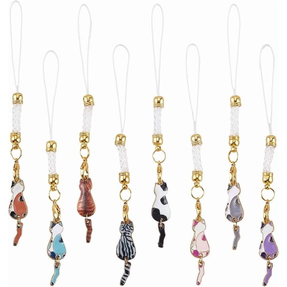 1 Box 16Pcs 8 Colors Cute Cellphone Charms Cat Phone Charms Strap Enamel Metal Animal Back Print Hanging Lanyard for DIY