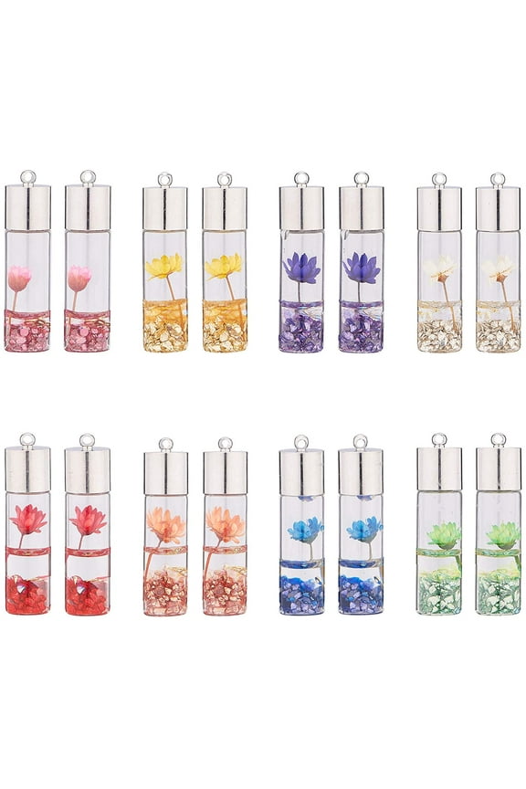 1 Box 16Pcs 8 Colors Mini Wishing Bottle Charms Real Dry Flower Glass Wish Bottle Charm Bulk for Jewelry Making Earring Necklace Bracelet DIY Craft Projects Valentine's Day Birthday Gift colorful