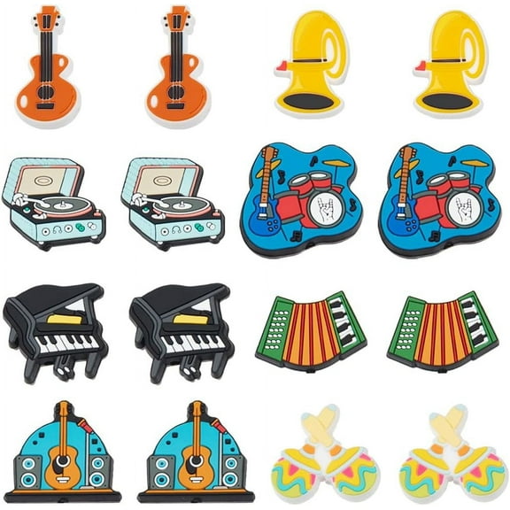 1 Box 16Pcs 8 Style Musical Instruments Food Grade Silicone Focal Beads Mixed Color 22~31.2x21~32x6.5~7mm Hole: 2.2~2.5mm 2pcs/style