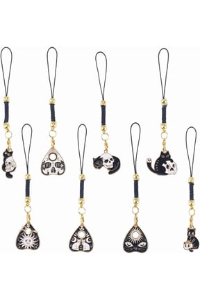 1 Box 16Pcs 8 Styles Cat Cellphone Charm Cell Phone Charms Strap Bulk Enamel Gothic Heart Black Animal Hanging Lanyard