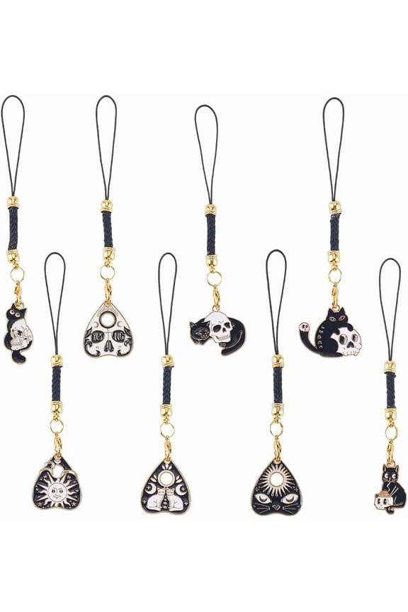 1 Box 16Pcs 8 Styles Cat Cellphone Charm Cell Phone Charms Strap Bulk Enamel Gothic Heart Black Animal Hanging Lanyard