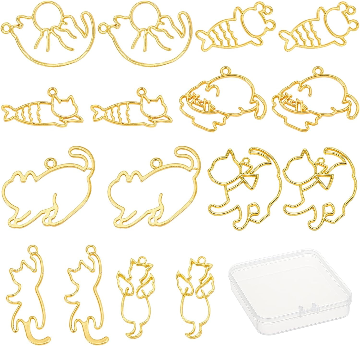 1 Box 16Pcs 8 Styles Cat Kitten Open Back Bezel Pendants Metal Dangle Hollow Frame Charms for UV