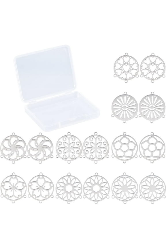 1 Box 16Pcs 8 Styles Chandelier Connector Charms Hollow Flower Component Links Stainless Steel Filigree Flat Round Loops Pendants for Jewelry Making Charms Earrings Findings Silver