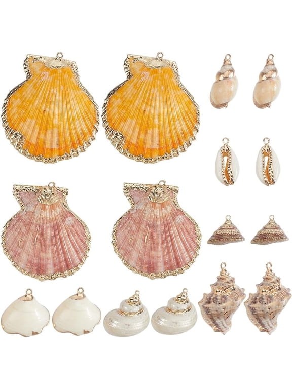1 Box 16Pcs 8 Styles Conch Charm Seashell Charm Gold Summer Hawaii Beach Seaside Natural Scallop Shell Charms