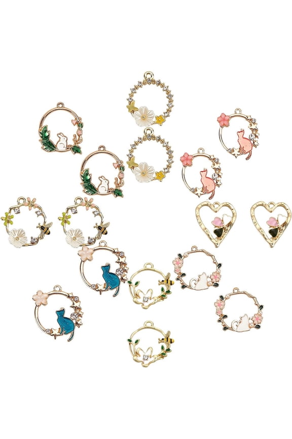 1 Box 16Pcs 8 Styles Enamel Flower Cat Easter Holiday Rabbit Pendant Charms Alloy Eamel Flower Charms Bulk Jewelry Findings for Earring Bracelet Necklace Jewelry Making Supplies Craft